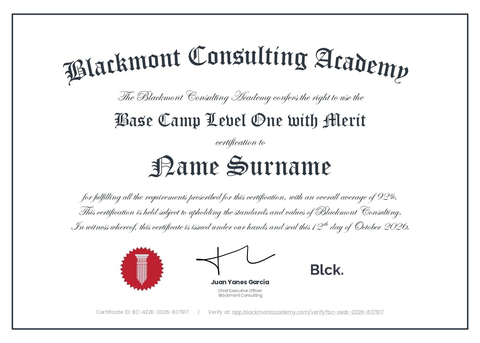Sample Blackmont Consulting Base Camp Level One Certificate